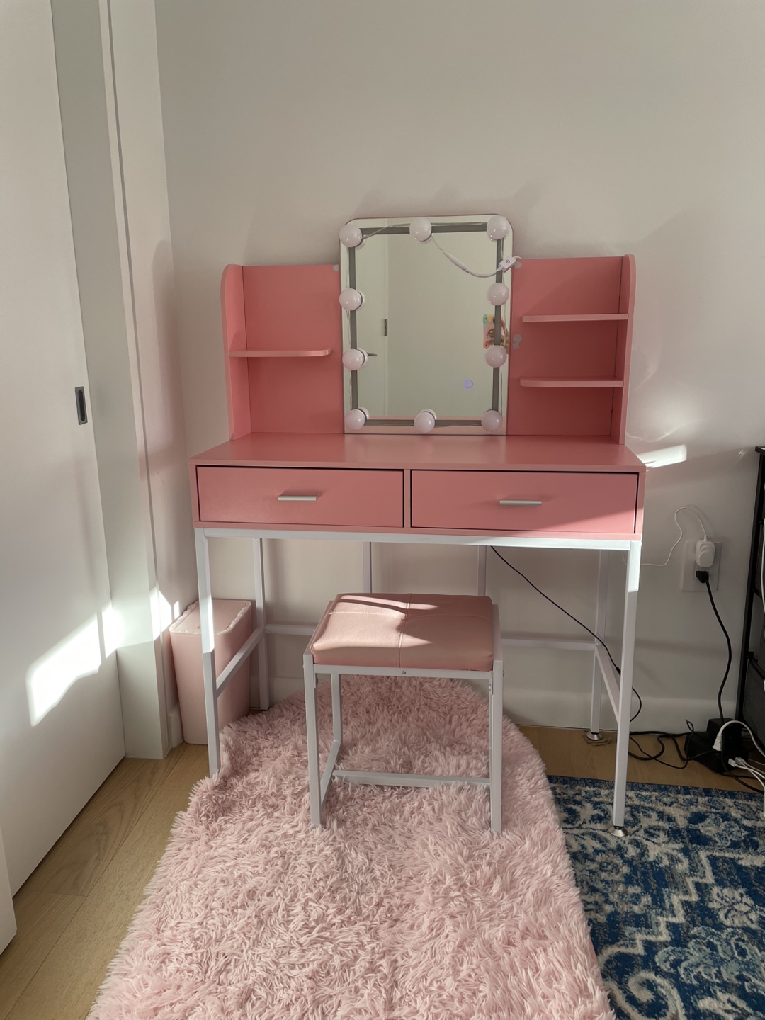 Pink Vanity Desk with Mirror and Stool