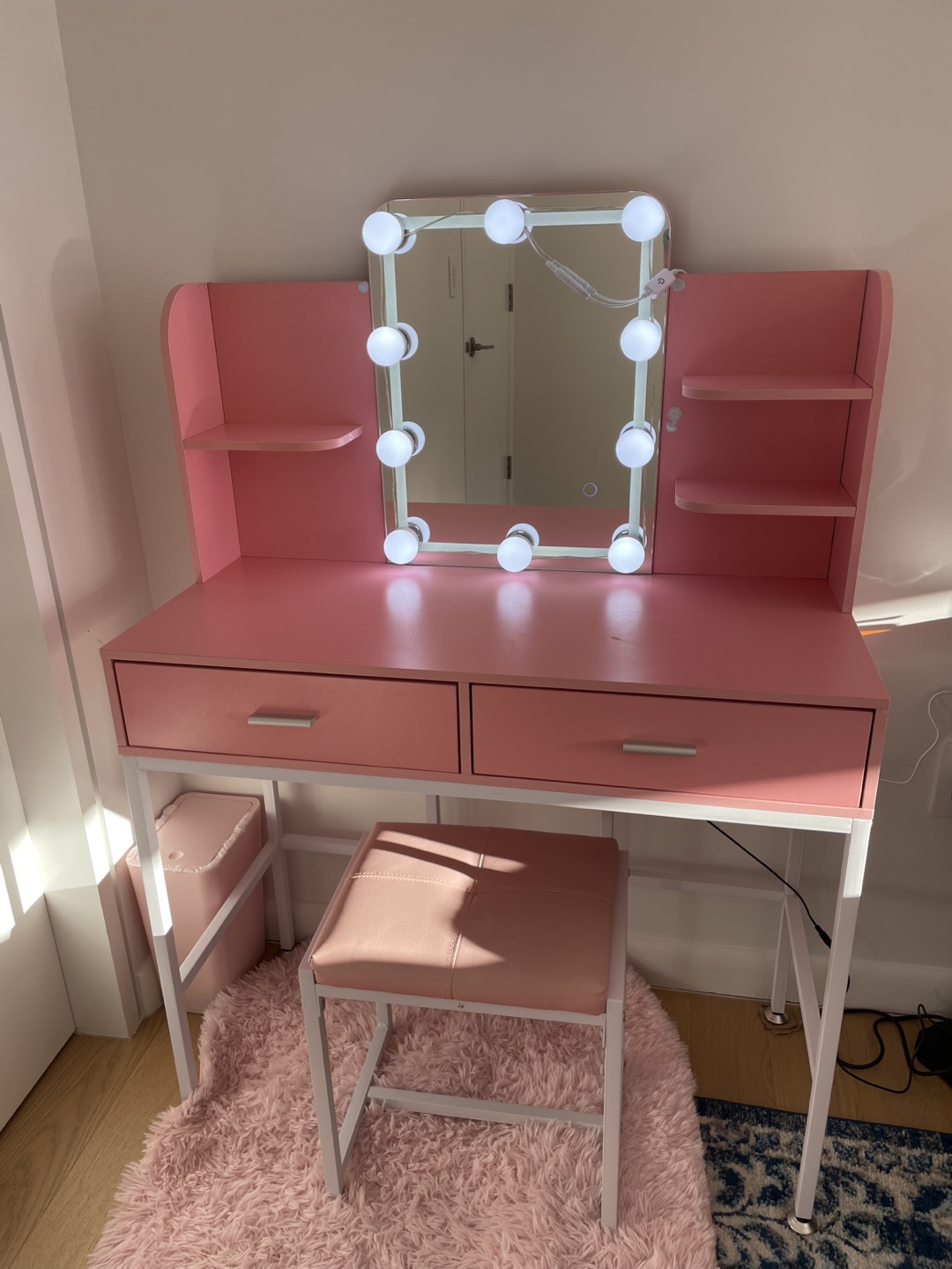 Pink Vanity Desk with Mirror and Stool - photo 3
