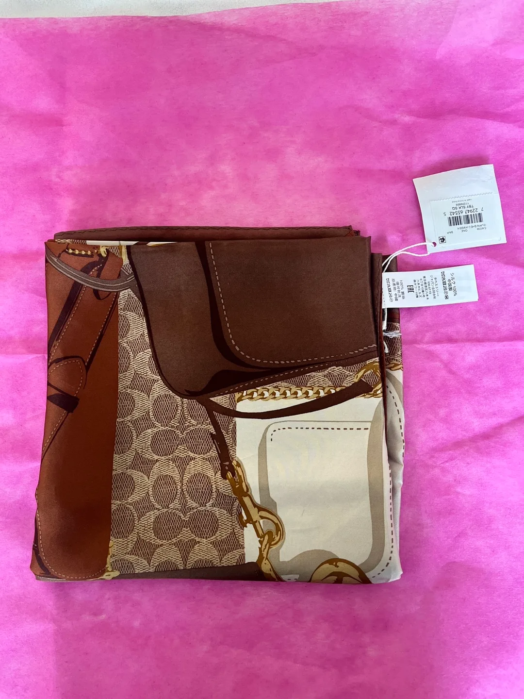 Coach Silk Scarf with Brown and White Bag Pattern thumbnail