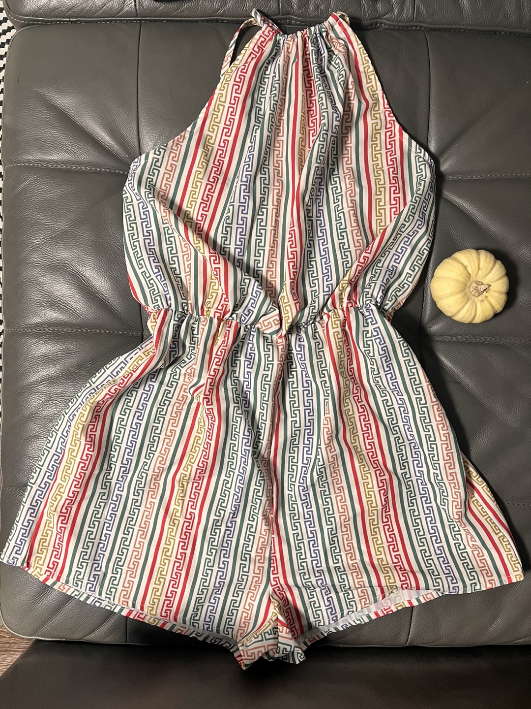 Striped Greek Key Print Romper