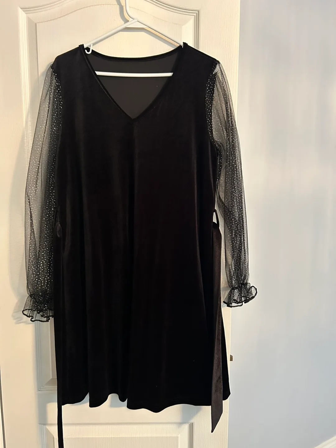 # Thrifty Picks SHEIN Black Velvet Dress with Mesh Sleeves image indicator(2)