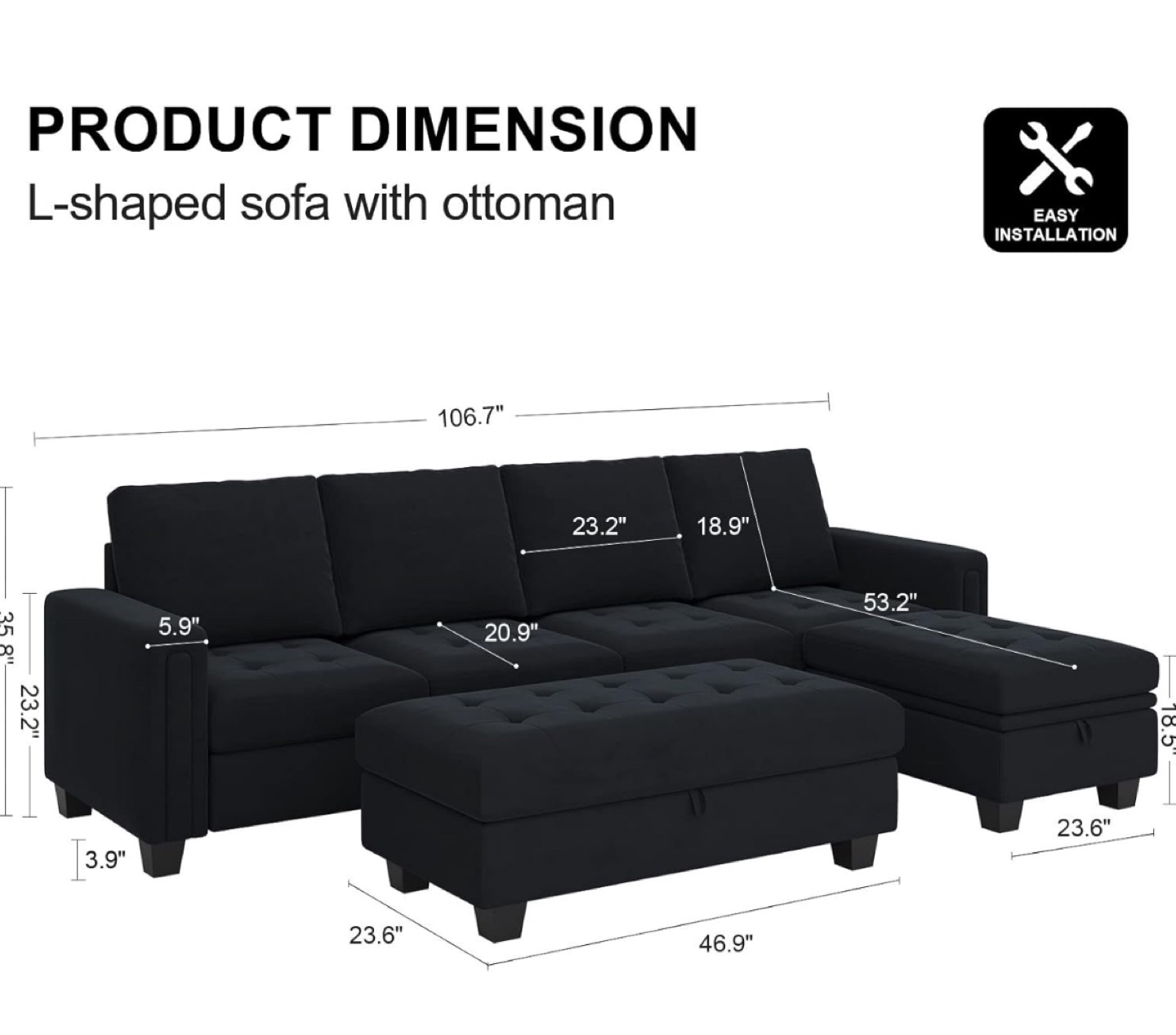 L-Shaped Sectional Sofa with Ottoman - photo 3