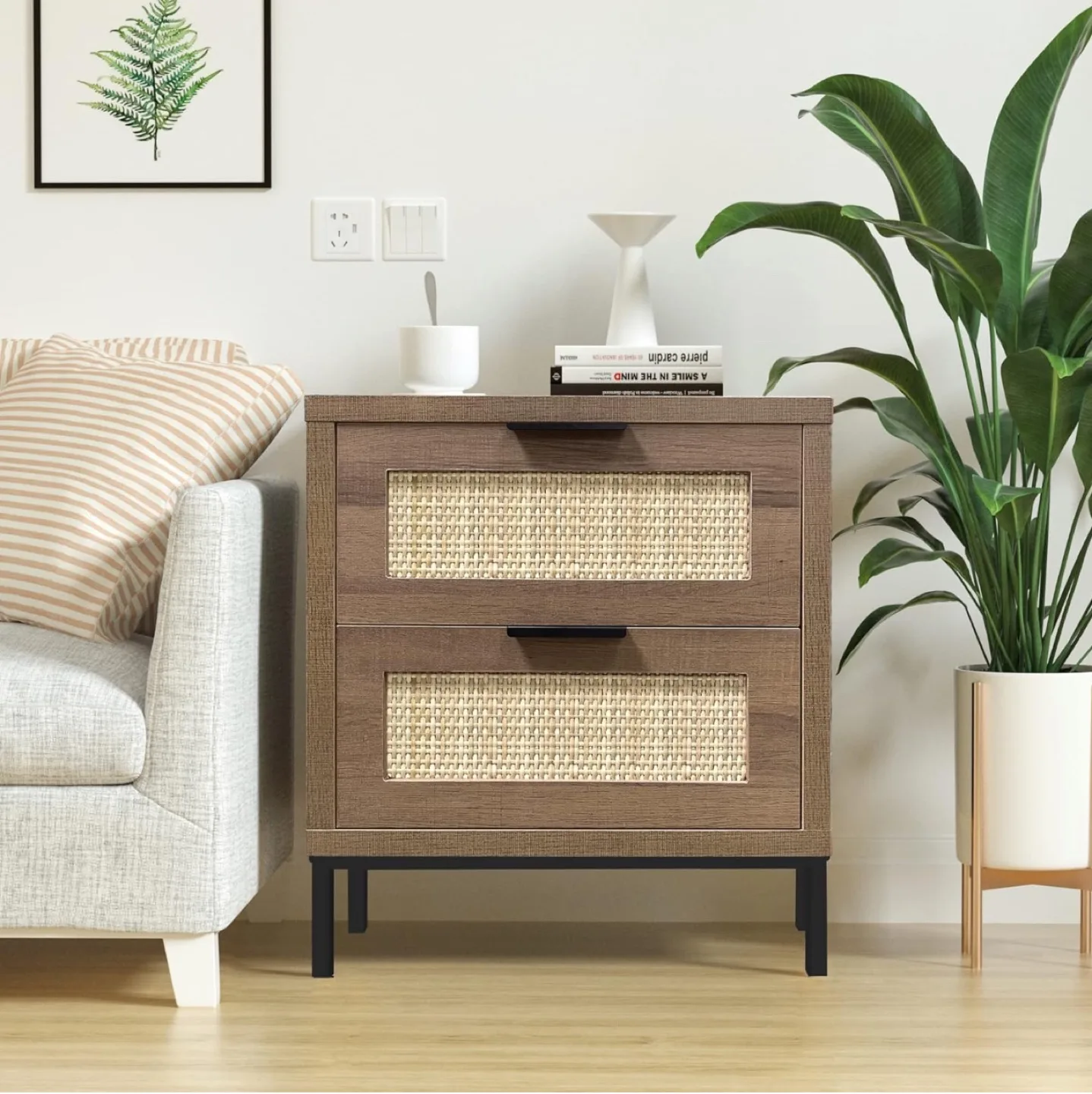 2-Drawer Nightstand with Rattan Front thumbnail