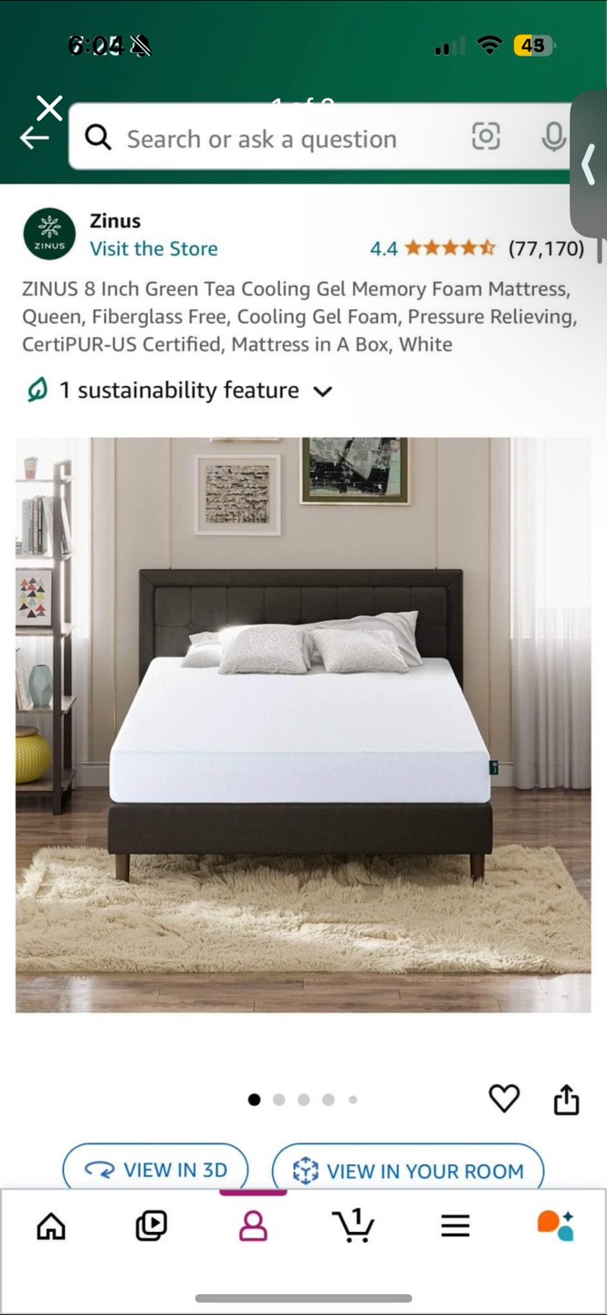 Zinus 8 Inch Green Tea Cooling Gel Memory Foam Mattress Queen