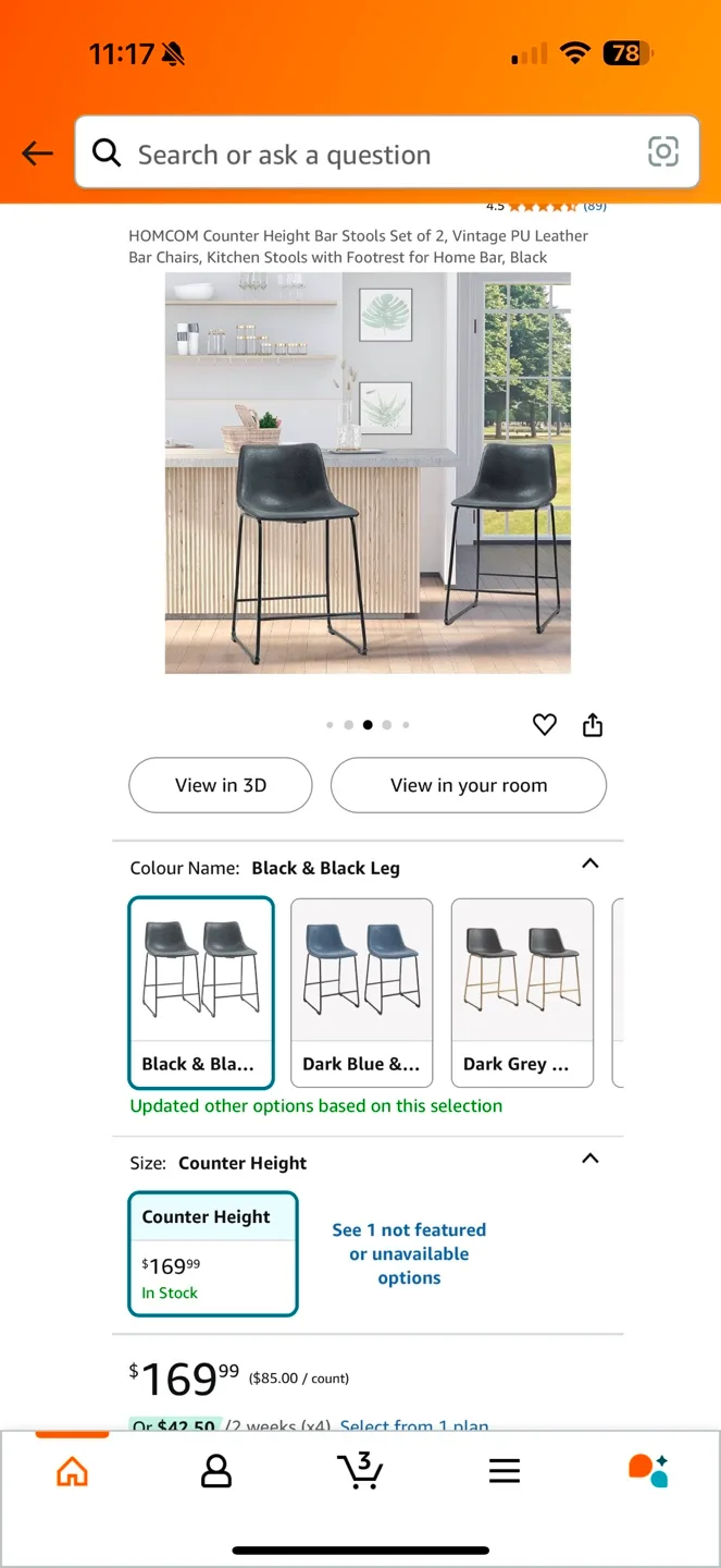 HOMCOM Counter Height Bar Stools Set of 2