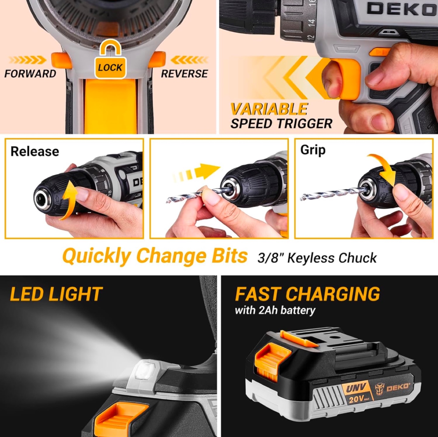 DEKO 20V Cordless Drill Driver with Tool Kit - photo 4