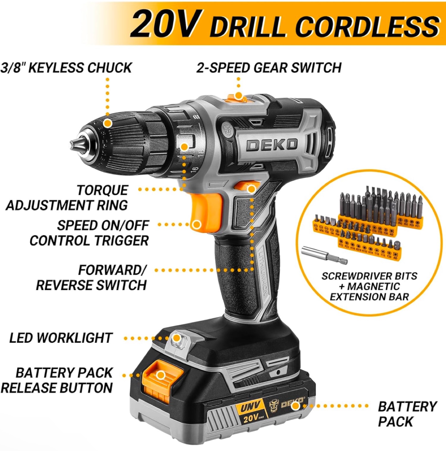 DEKO 20V Cordless Drill Driver with Tool Kit - photo 3