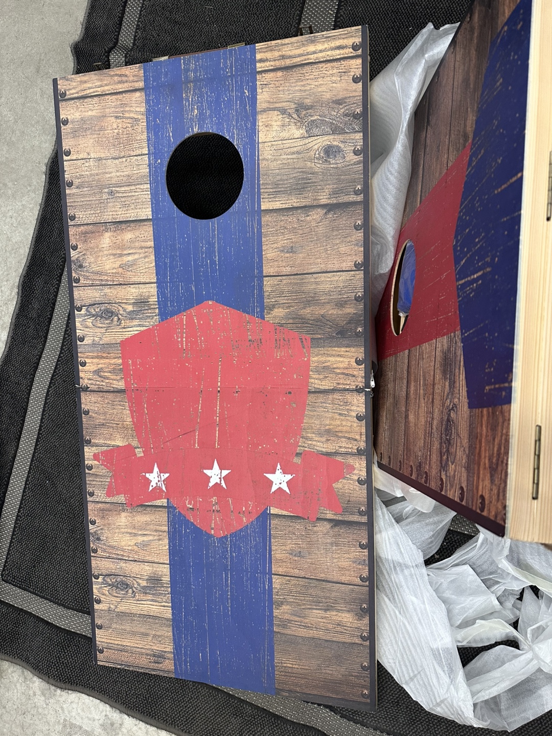 Cornhole Set, Wooden, Rustic Design, Blue and Red