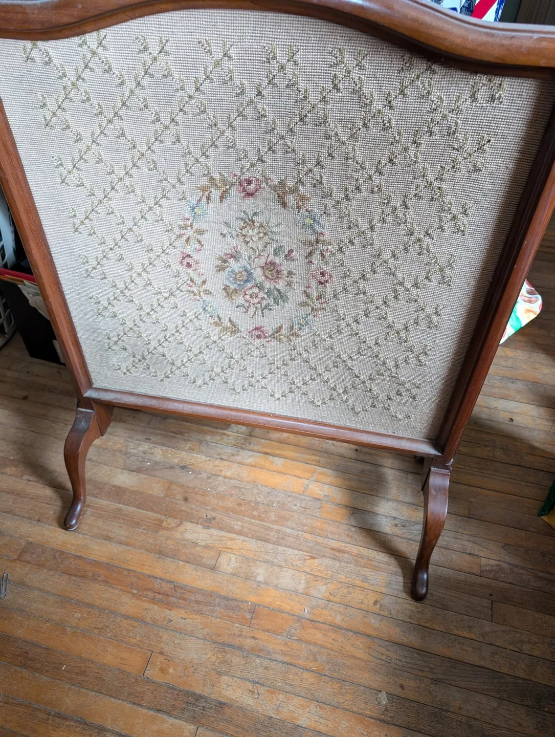 Vintage Needlepoint Solid Walnut Fireplace Screen image indicator(2)