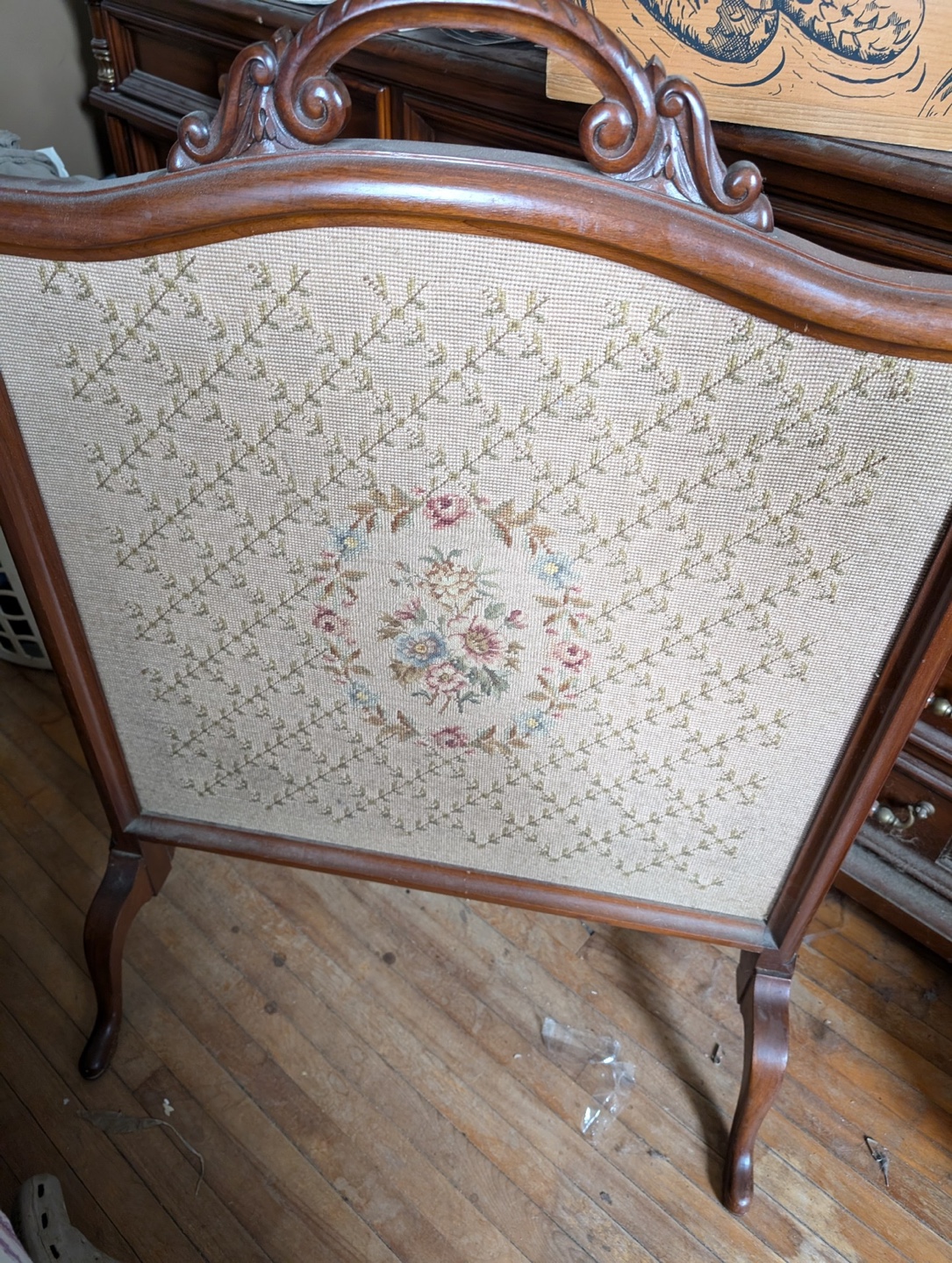 Vintage Needlepoint Solid Walnut Fireplace Screen