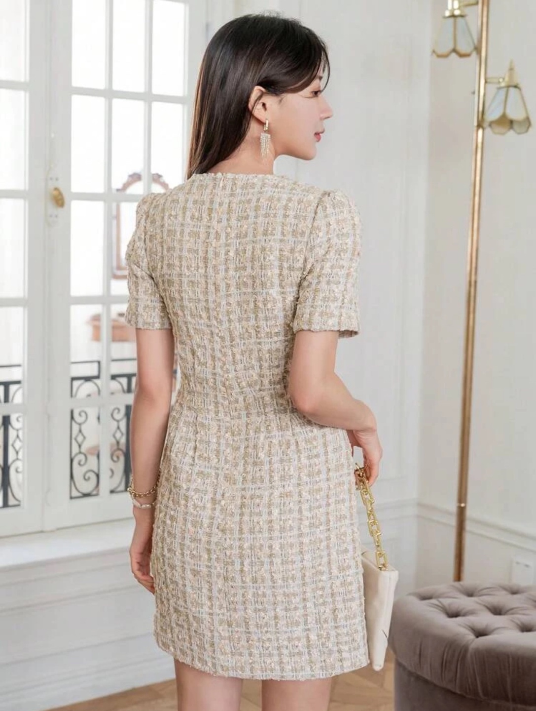 Beige and Gold Tweed Fitted Dress - photo 2