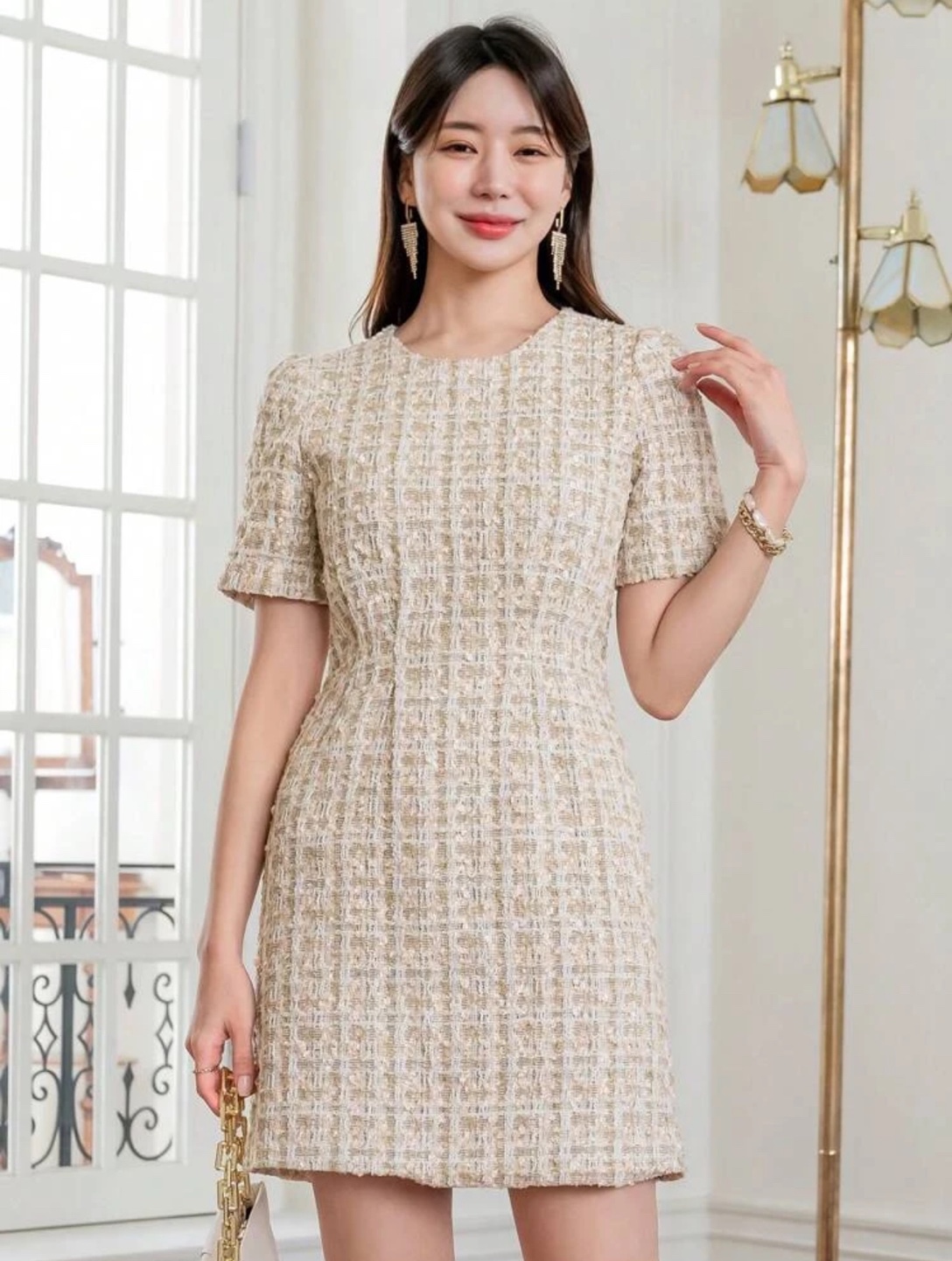 Beige and Gold Tweed Fitted Dress - photo 3