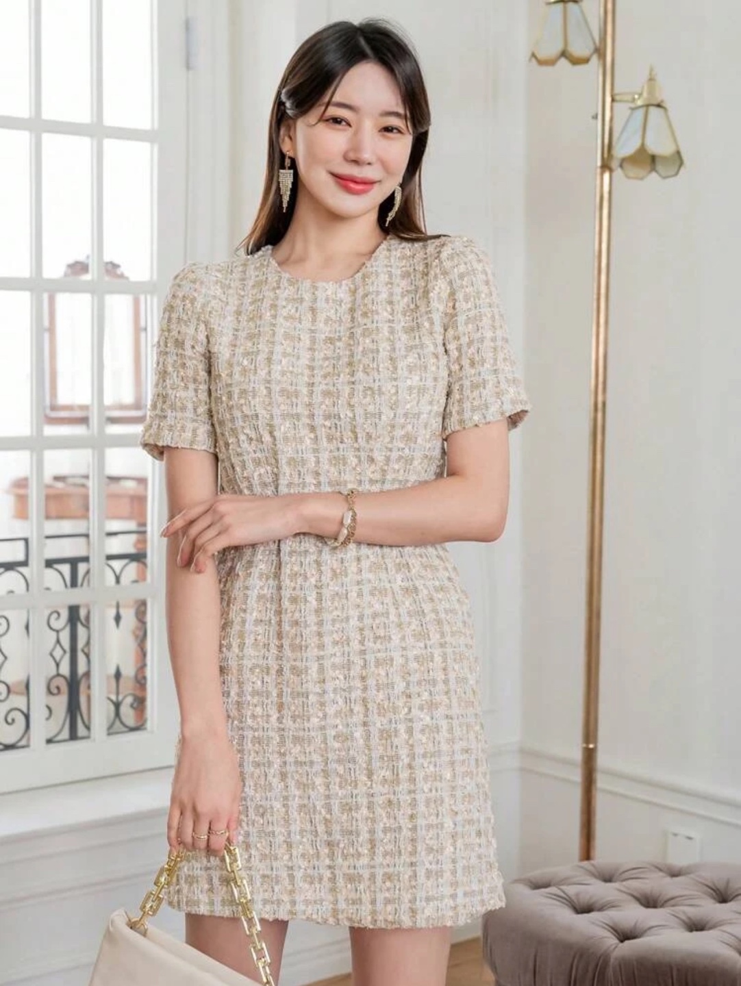 Beige and Gold Tweed Fitted Dress - photo 4