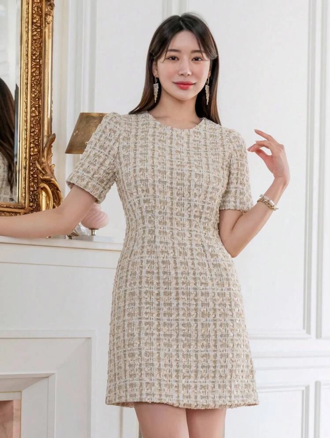 Beige and Gold Tweed Fitted Dress - photo 5