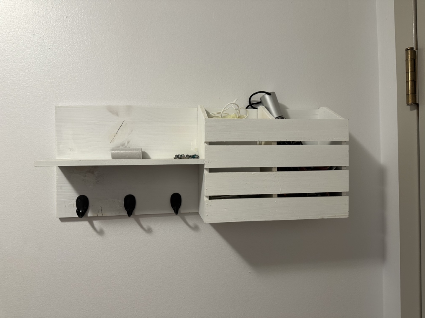 White Wall Mounted Shelf with Hooks