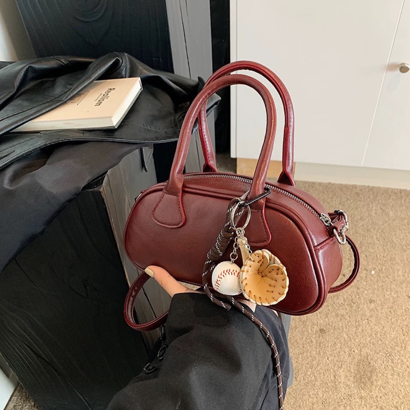 Burgundy Mini Satchel Bag with Baseball Keychain