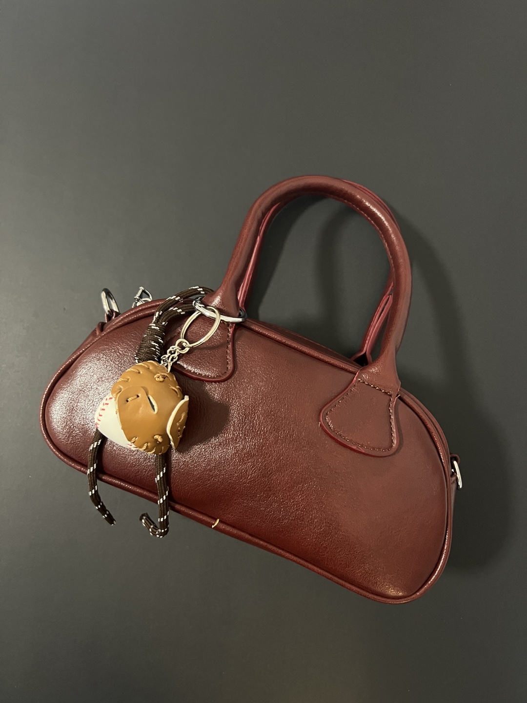 Burgundy Mini Satchel Bag with Baseball Keychain - photo 3
