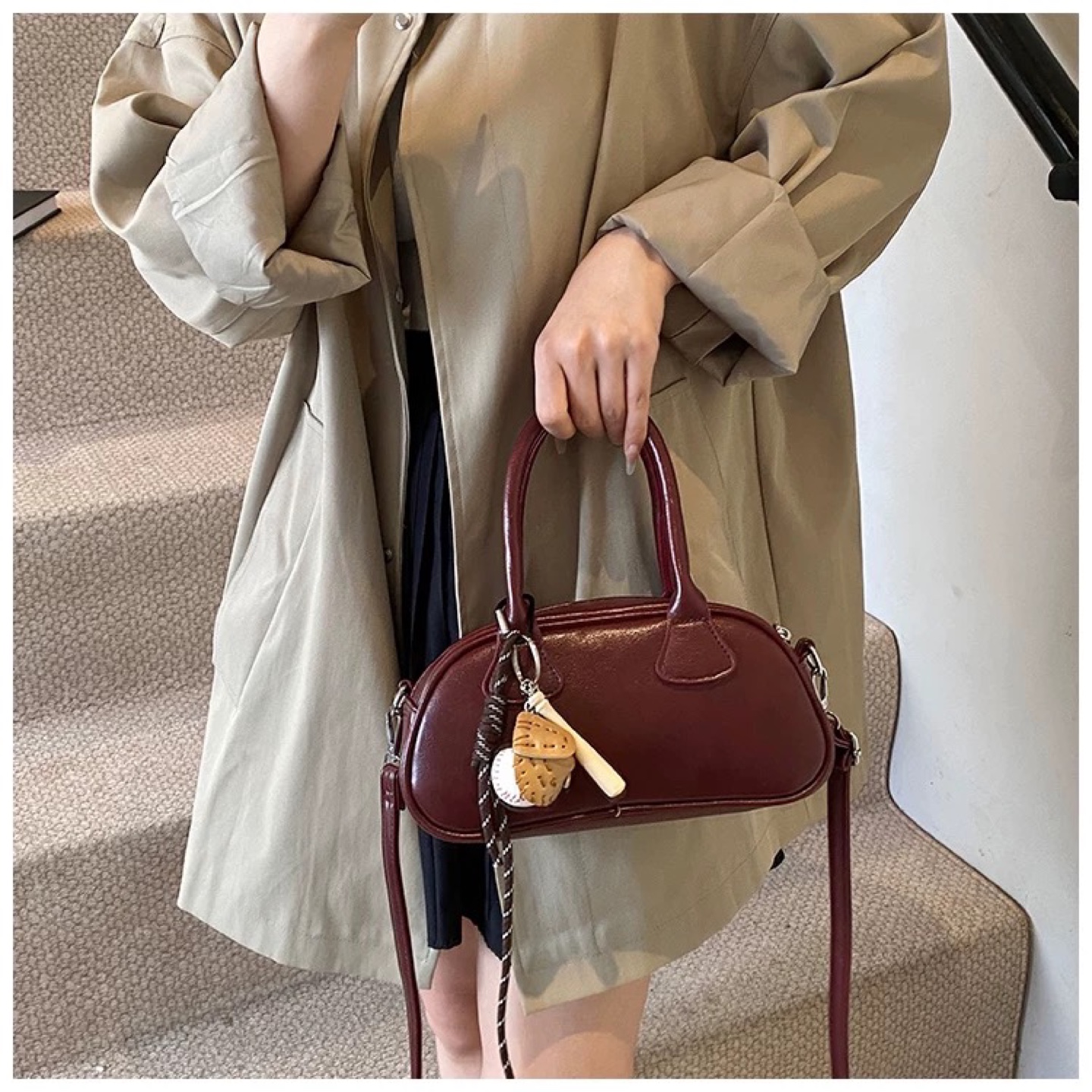 Burgundy Mini Satchel Bag with Baseball Keychain - photo 2