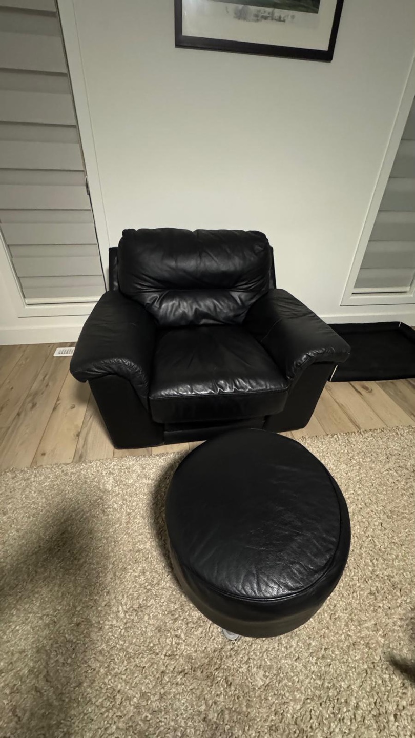 Black Leather Armchair with Ottoman