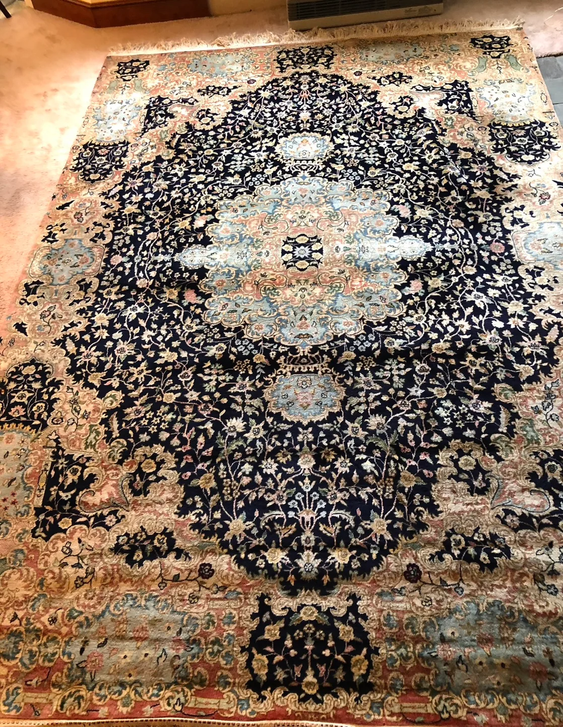 LARGE ANTIQUE LAVER KIRMAN ORIENTAL CARPET HAND MADE WOOL & SILK image indicator(3)