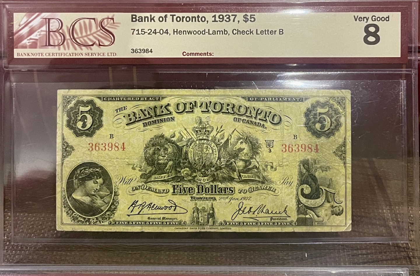 Bank of Toronto $5 bill 1937