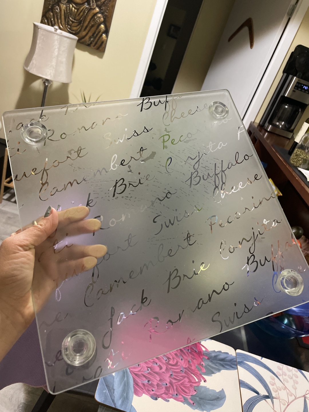 Square Glass Cheese board transparent with 4 foot