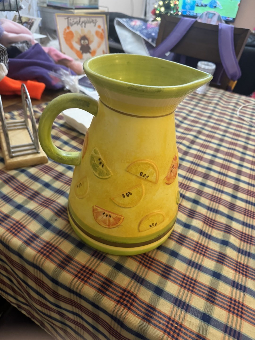 Yellow Pitcher with Fruit Design