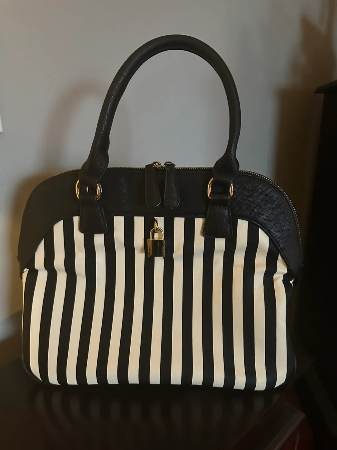 Black and White Striped Satchel Handbag thumbnail