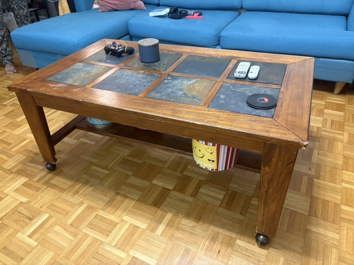 Large Wooden Coffee Table with Stone Inlay & Wheels - photo 2