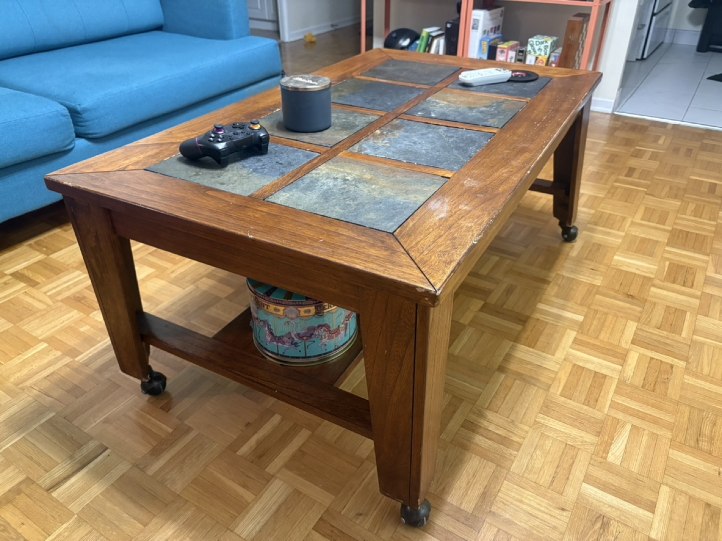 Large Wooden Coffee Table with Stone Inlay & Wheels