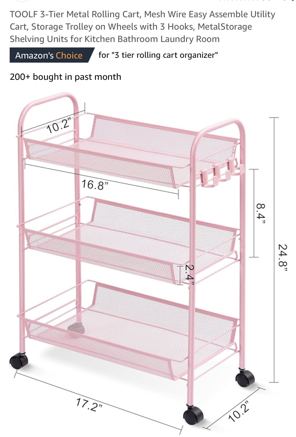 Pink 3-Tier Rolling Utility Cart - photo 2