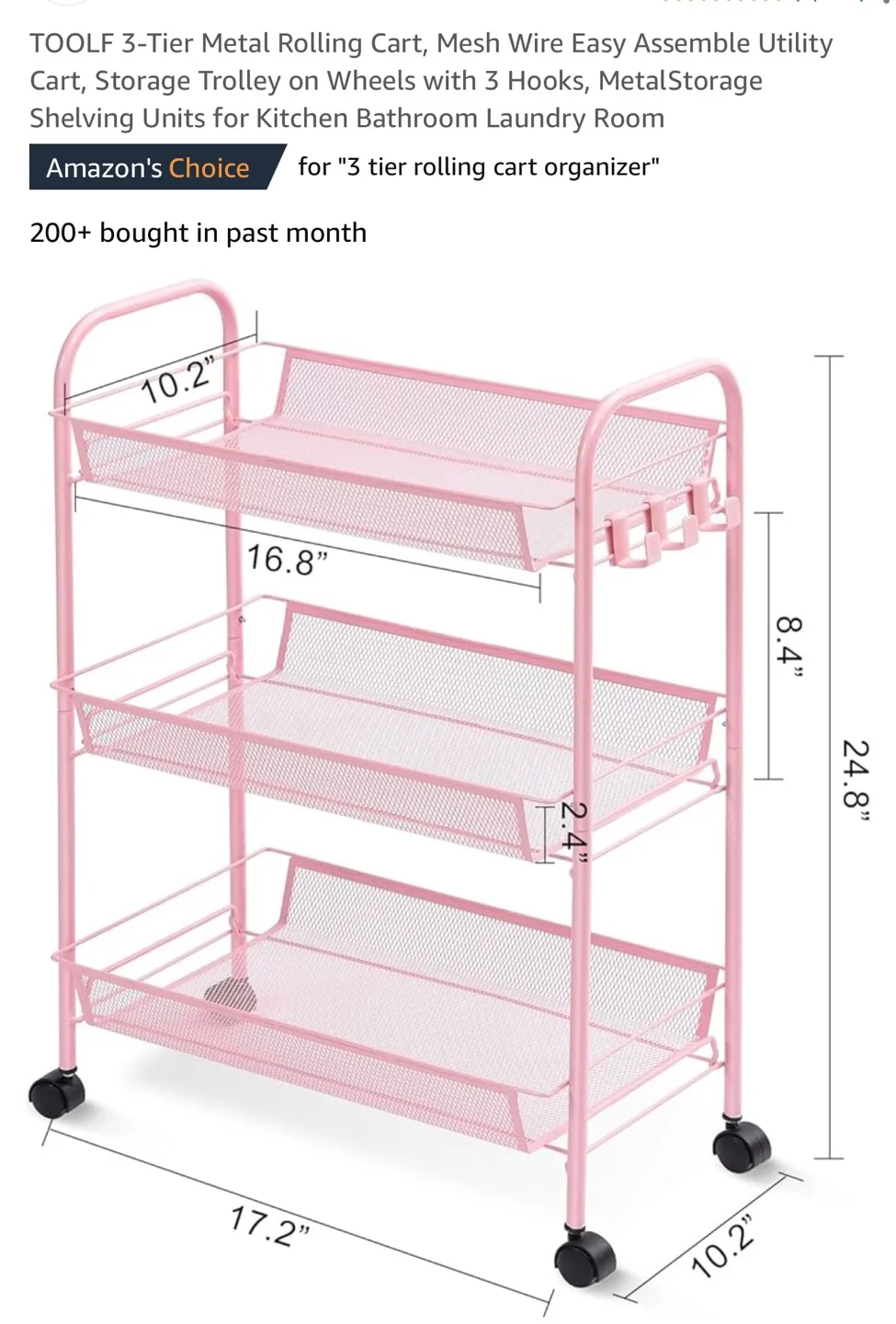 Pink 3-Tier Rolling Utility Cart image indicator(2)