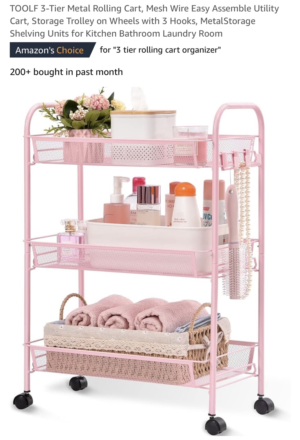 Pink 3-Tier Rolling Utility Cart