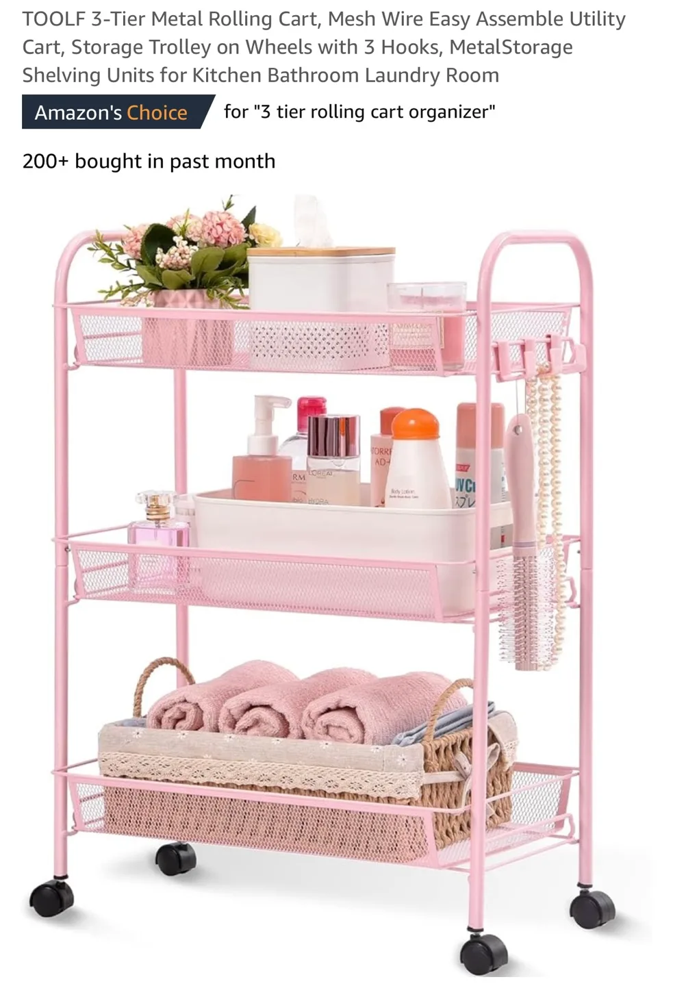 Pink 3-Tier Rolling Utility Cart thumbnail