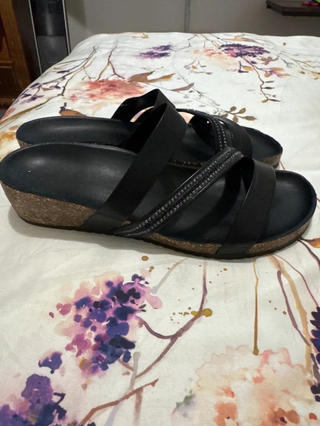 Black Leather Wedge Sandals image indicator(2)