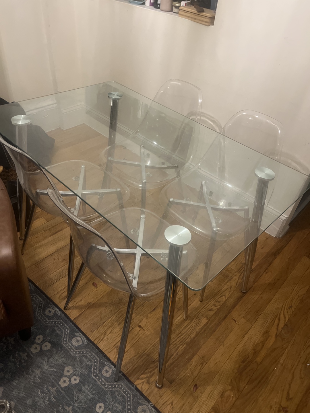 Glass Dining Table with 4 Clear Chairs