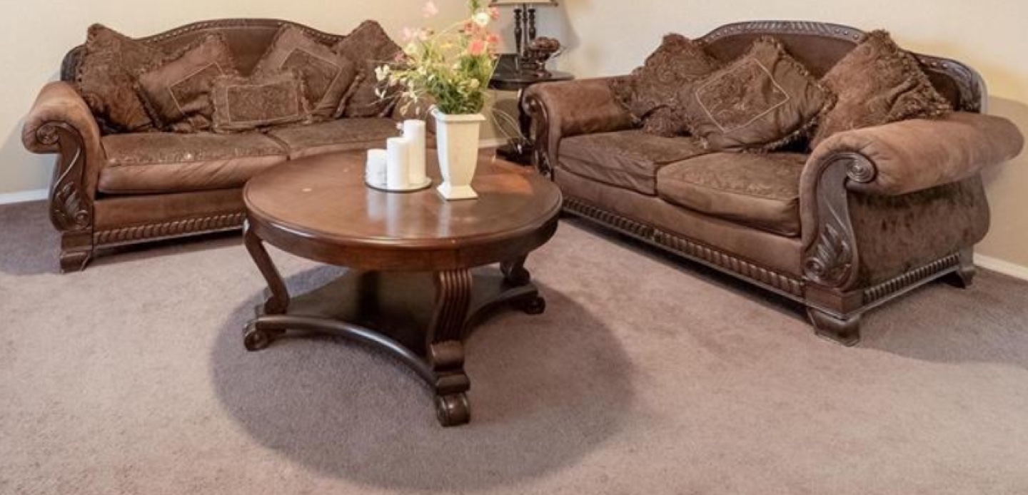 Brown Sofa & Matching Loveseat with center table and side table
