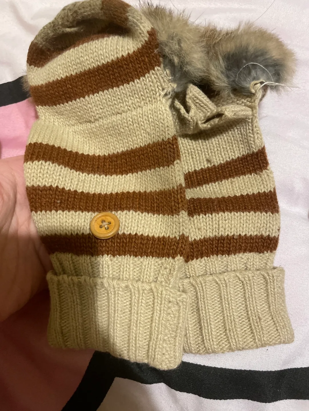 Striped Knit Mittens with Fur Trim thumbnail
