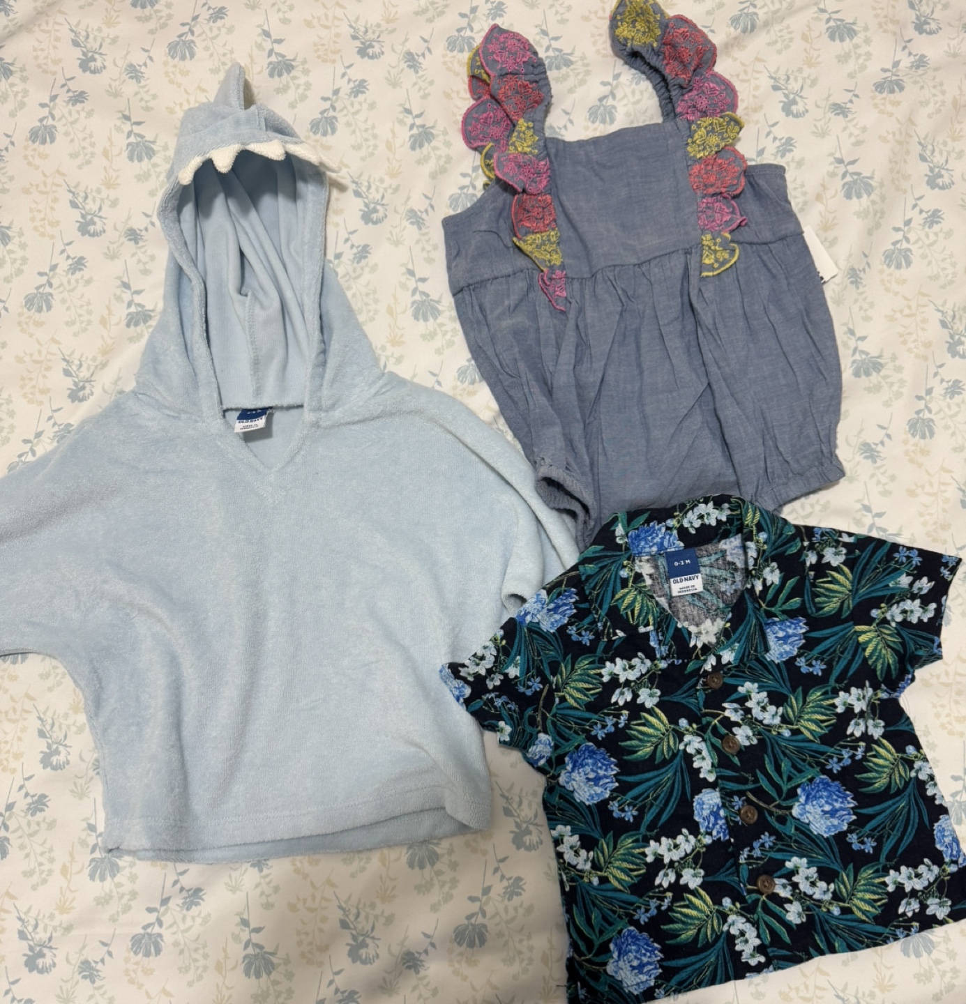 3 Baby Clothes - Shark, Floral Jumpsuit, Hawaiian Shirt