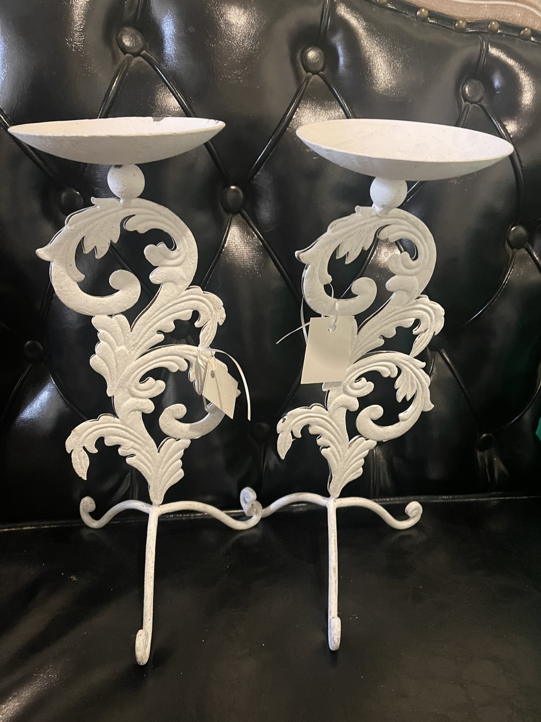 Set of Two White Metal Candle Holders