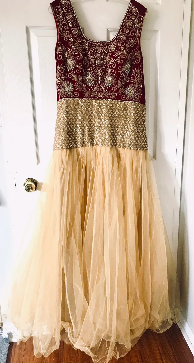 Burgundy and Gold heavy Embroidered Gown image indicator(3)
