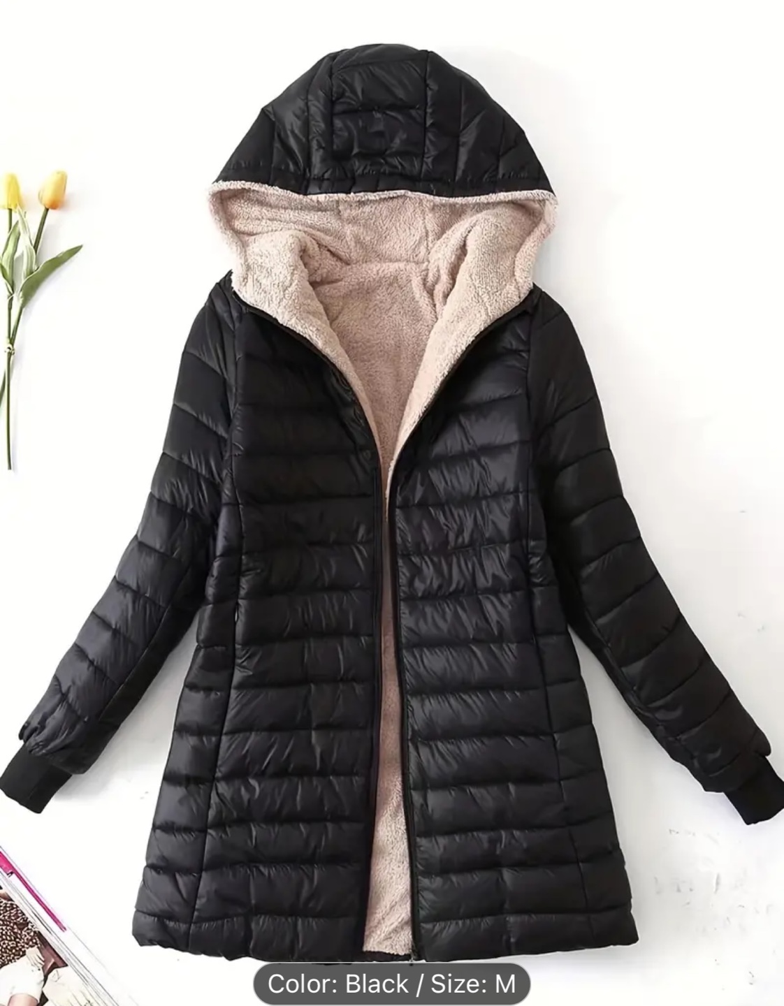 Black Hooded Puffer Jacket with Fleece Lining
