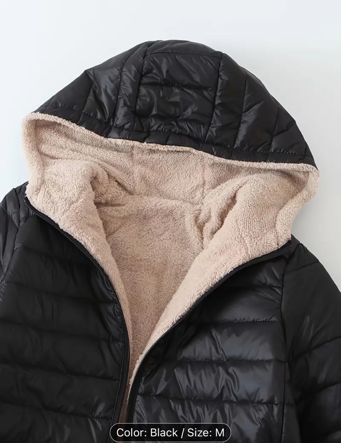 Black Hooded Puffer Jacket with Fleece Lining - photo 3