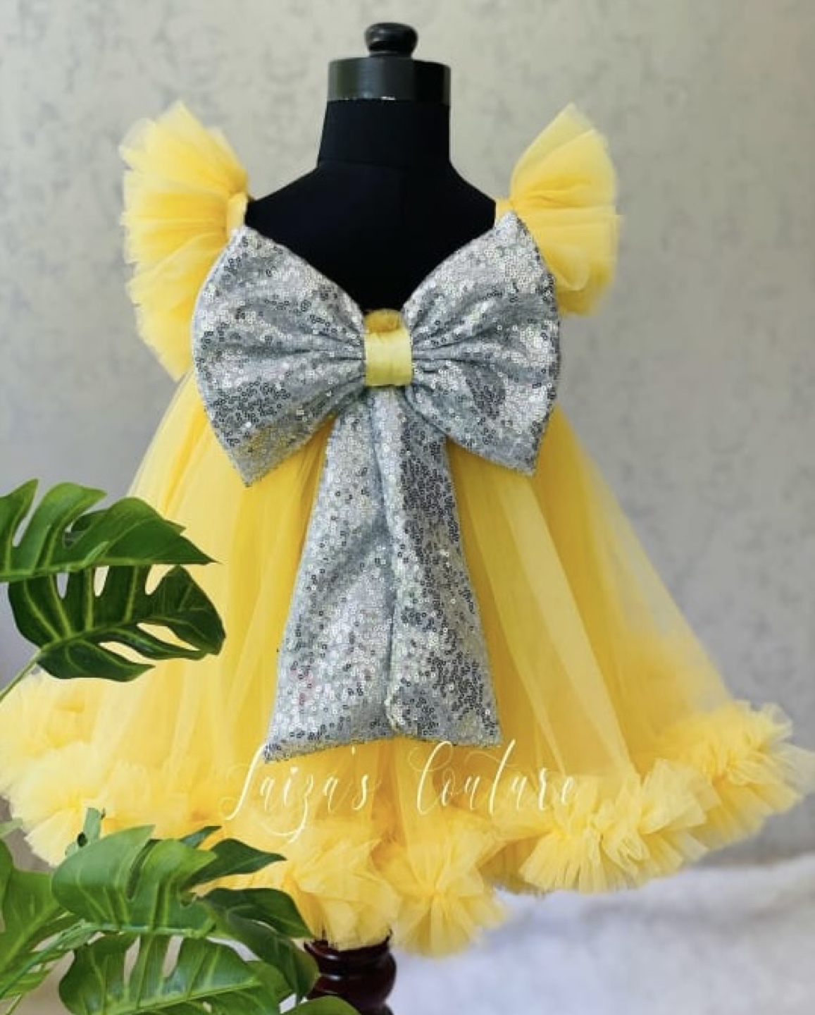 Yellow Tulle Dress with Silver Bow