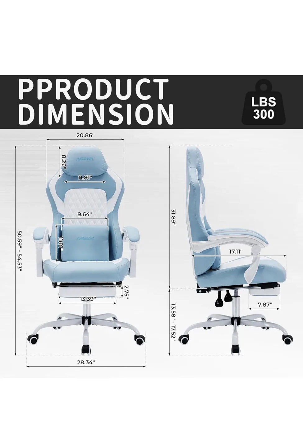 Blue and White Gaming Chair with Adjustable Features thumbnail