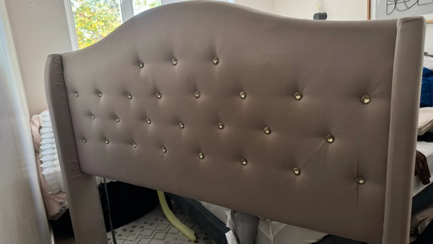 Beige Upholstered Headboard with Crystal Buttons thumbnail