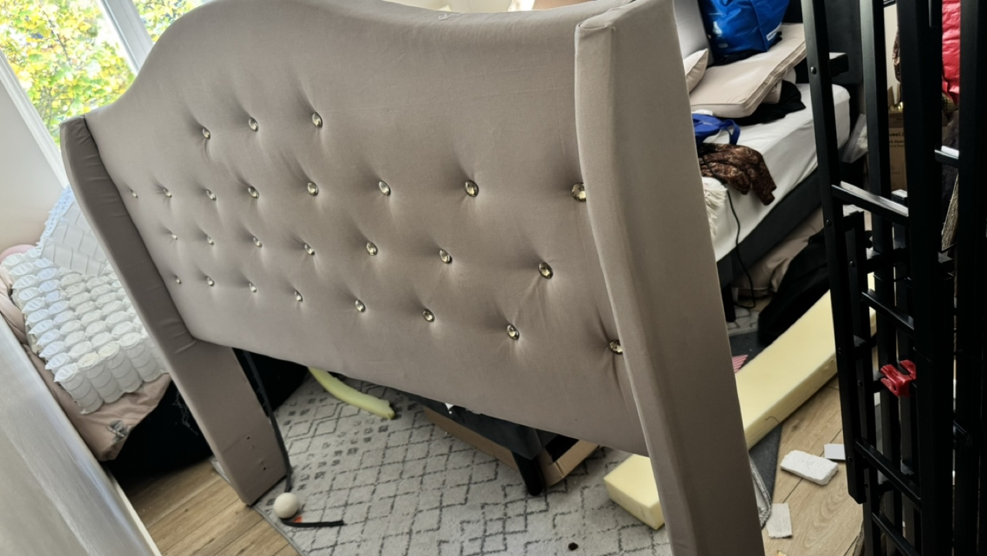 Beige Upholstered Headboard with Crystal Buttons - photo 3