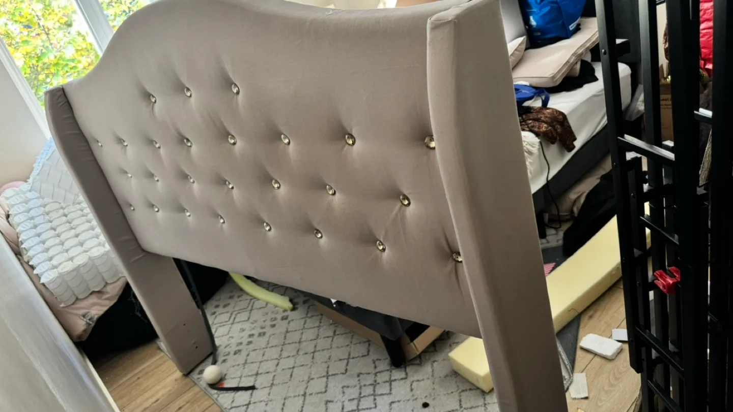 Beige Upholstered Headboard with Crystal Buttons image indicator(3)