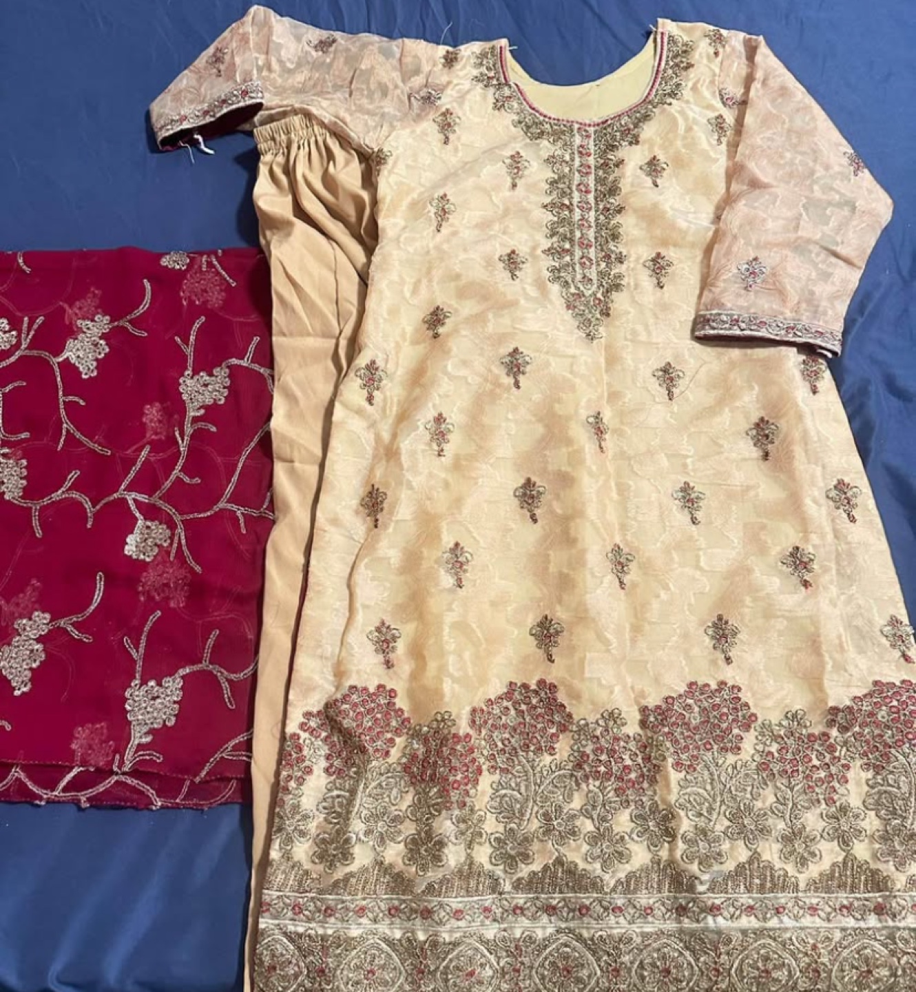 Beige and Maroon Embroidered Suit with Dupatta