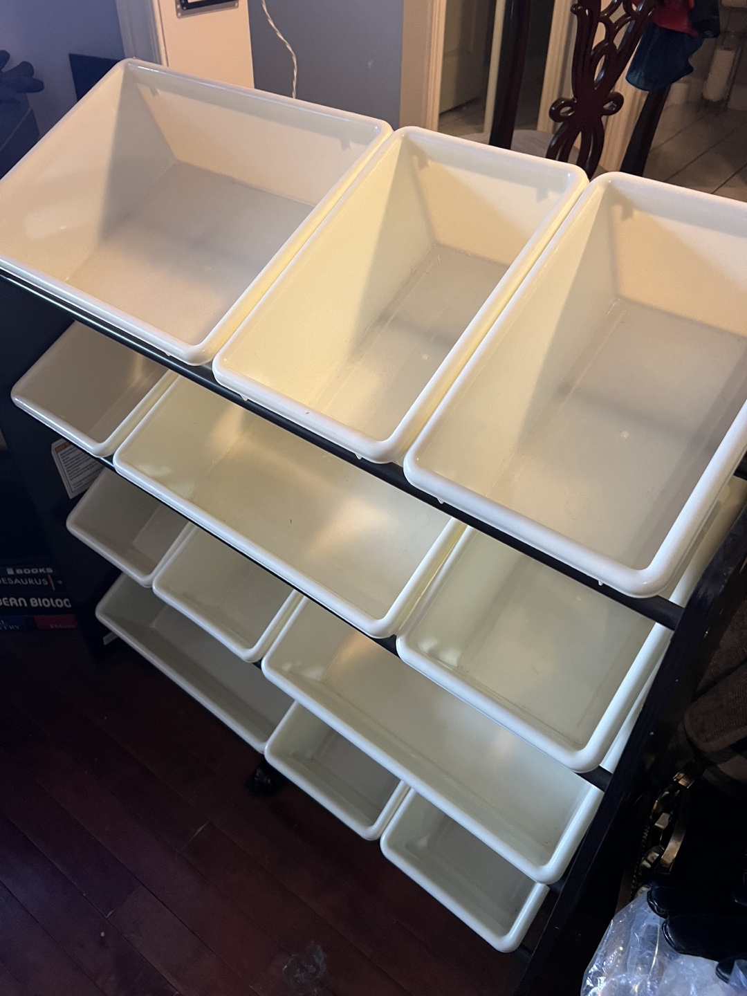 Black Storage Unit With White Bins